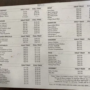 Half &amp; full tray price rates. Some orders need to be 3-days in advance fyi.