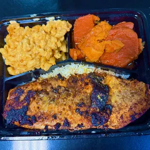 entree - jerkSalmon, Mac-n-Cheese, Sweet Potatoes