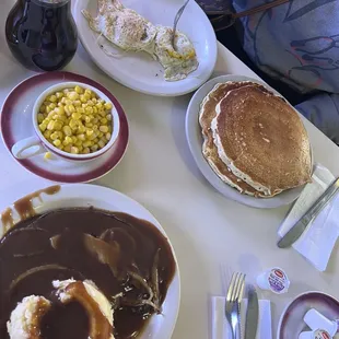 Pancakes and eggs and liver and onions