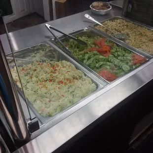 Potato salad, green salad, macaroni salad