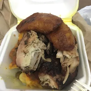 Started eating before pic: small jerk chicken with Mac cheese, plantains