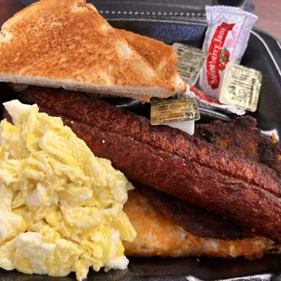 Breakfast platter with both hot sausage and smoked sausage, hashbrown