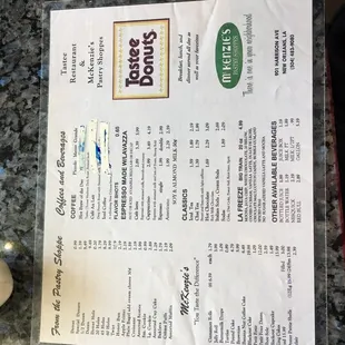 Donut/coffee menu
