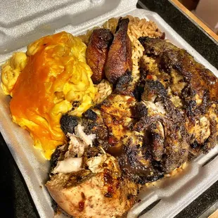 Couple Up - Chicken and 2 Sides and 2 Pieces Plantains  Jerk Chicken, rice &amp; peas, Mac and Cheese &amp; Fried Sweet Plantains $14.50 delicious