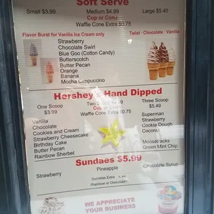 Ice cream menu