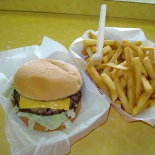 a cheeseburger and french fries