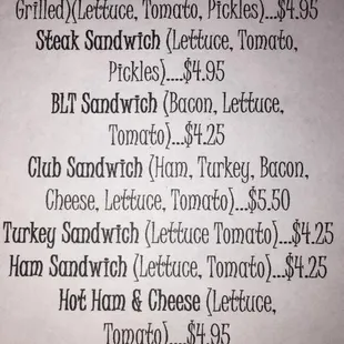 a list of sandwiches