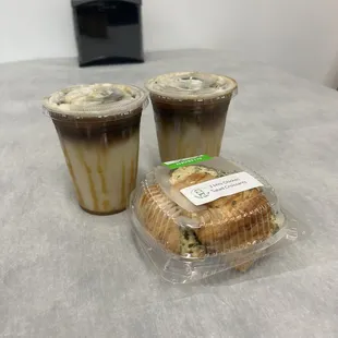 Two Caramel Macchiatos with Extra Caramel and Cold Foam and 3 Mini Chicken Salad Crossiants!