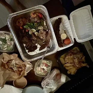 Meat platter, salad, fries, lemon chicken.