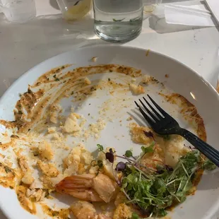 a dirty plate of food on a table