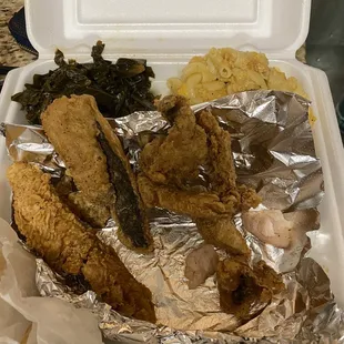 Whiting Fish Scraps, Collard Greens, and Mac &amp; Cheese