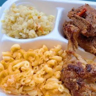 a plate of food with macaroni and cheese