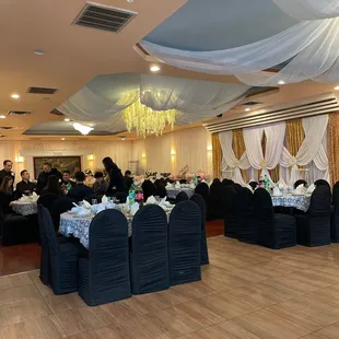 a banquet room with tables and chairs