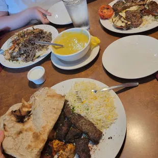 Mixed grill, lamb rack, beef and lamb shawarma, lentil soup