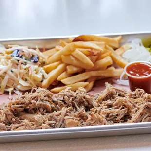 pulled pork, fries and coleslaw