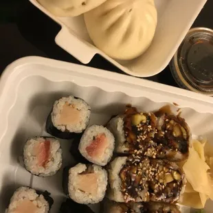 Roast Pork Buns ($4.26), Yellowtail Roll ($6.25), Green River Roll ($6.50)