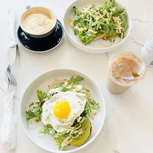 smashing avo toast, cappuccino, iced chai latte