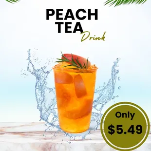 a peach tea drink with a sprig of rosemary