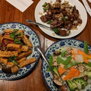 Beef w wild pepper; fried eggplant; mixed vegetables