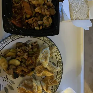 Cashew Chicken, Pot Stickers, Fried Cheese Wonton and white Steamed Rice