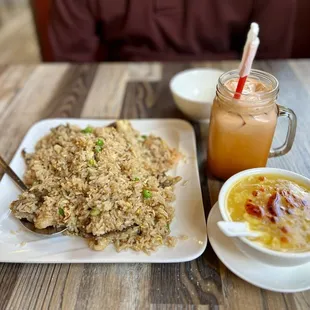 Combination Fried Rice, Egg Flower Soup, and Thai Ice Tea