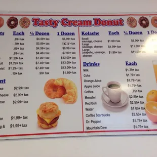 a menu for a donut shop