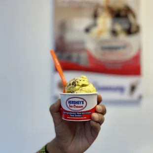 a hand holding a cup of ice cream