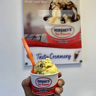 a hand holding a cup of ice cream