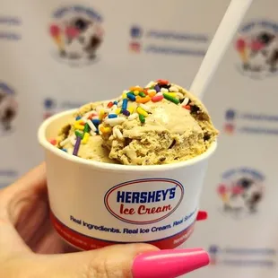 a hand holding a cup of ice cream