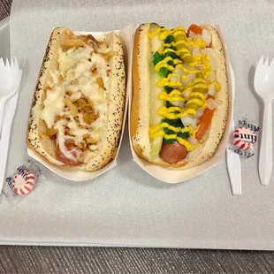 Build-your-own (crispy onions, marinara, and cheese) and the Chicago-style