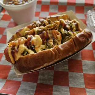 Spicy dawg with baked beans on the side.