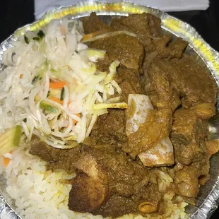 Curry goat, white rice &amp; slaw