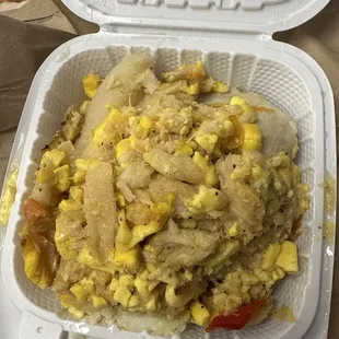 A Lee and saltfish with banana and dumplings