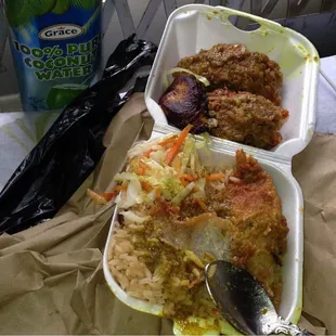 Sorry for the sloppy pic .. But this is fry chicken rice n peas with curry goat gravy .. My absolute favorite