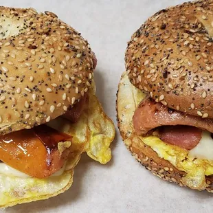 I got two egg bacon and cheese bagel   add sausage this morning really good