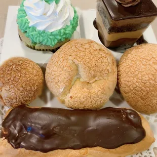 Pandan Cupcake (green), Chocolate Peanut Butter Tower, Cream Puffs and Eclair