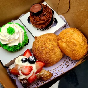 Pandan cupcake (green), chocolate PB cupcake, puff pastry, cream puffs