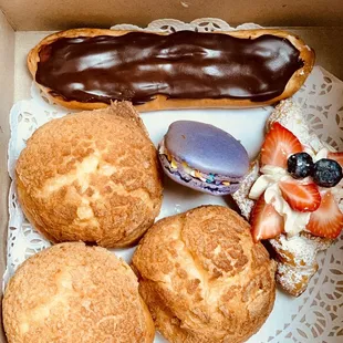 Cream puffs, birthday macarons, chocolate eclair, puff pastry