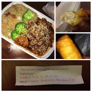 Sesame chicken combination plate, egg roll and crab Rangoon.