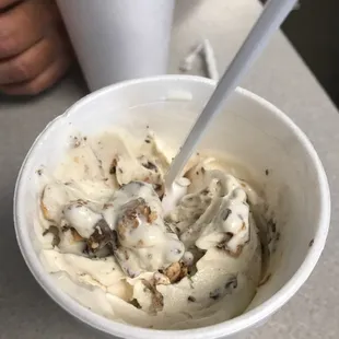 Snickers Freeze.   Vanilla with a snickers blended.