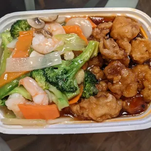 Dragon and Phoenix featured shrimp stir-fry that had an abundance of crunchy veggies (left) and General Tso's chicken (right).