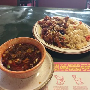 Hot and sour soup and sesame chicken with fried rice combination.  $6.25