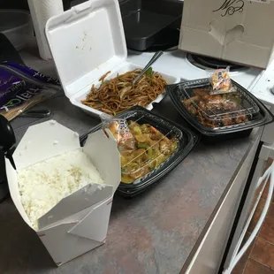 Vegetable lo mein, vegetarian curry, vegetarian garlic "chicken", and rice.