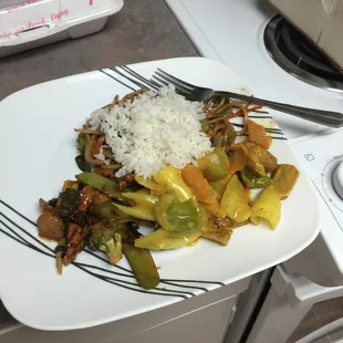 Vegetable lo mein, vegetarian curry, vegetarian garlic "chicken", and rice all mixed together.