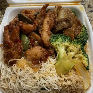 Jalapeño chicken, beef broccoli, rice noodle &amp; fried rice.