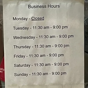 Hours of operation and holiday hours as of 12/23/2023.