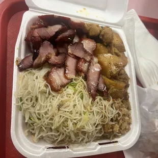 Sweet pork, fried rice, and chicken with taro and potatoes, noodles