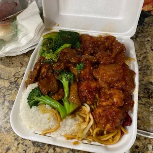 a meal in a styrofoam container
