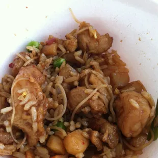 Kung Po with rice noodles and fried rice