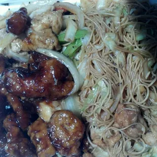 Tangerine chicken,  house special chicken and rice noodles.